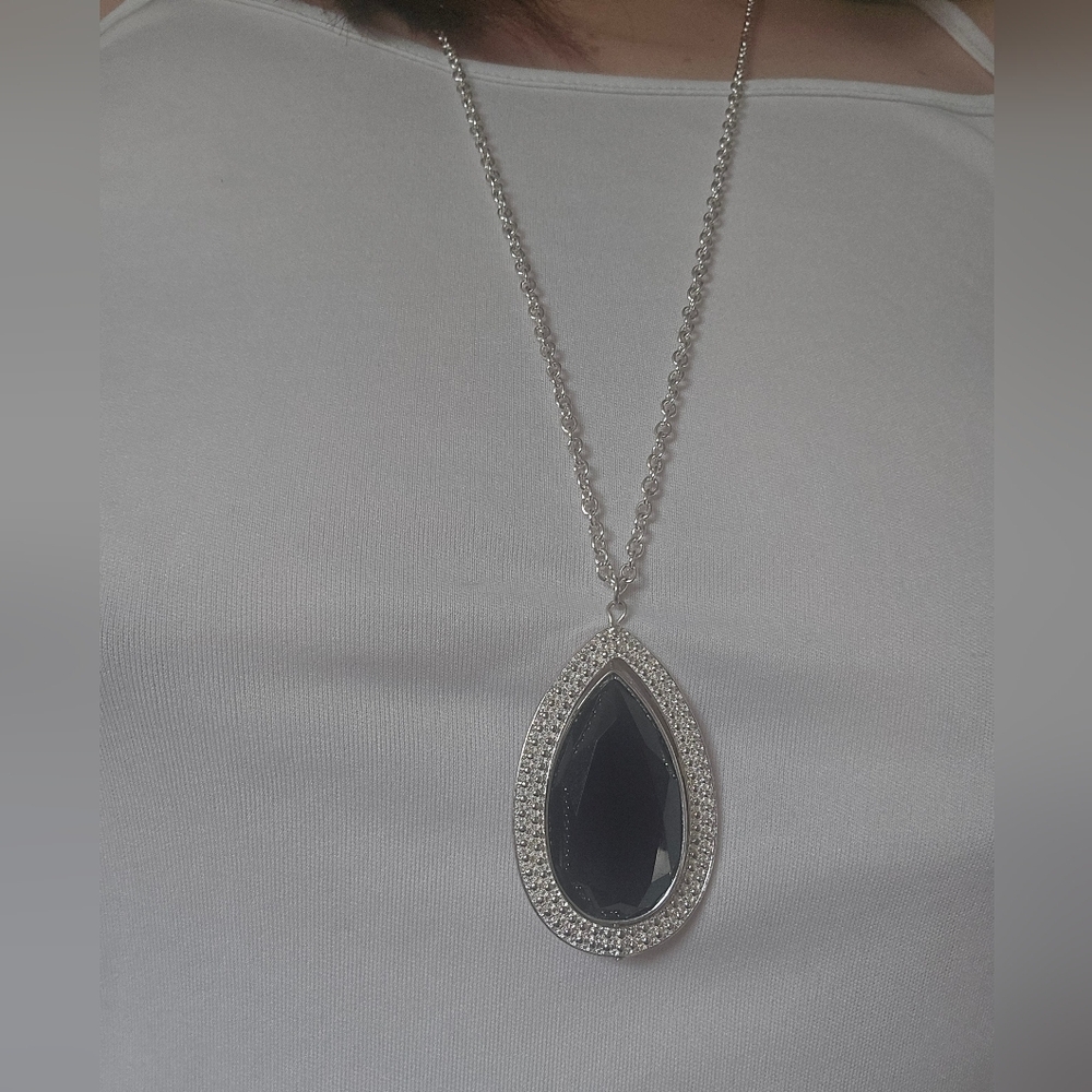 Silver Tone Faux Black Onyx Faceted Teardrop Stone Necklace Long 40” - Picture 4 of 5